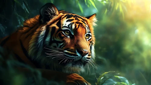 Sunlit jungle tiger quietly resting in emerald shadows.