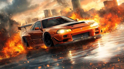 Dynamic drift car amid urban inferno, high-impact digital art.