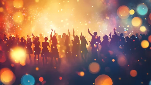 Crowd of silhouettes dancing inside a glowing bokeh storm.