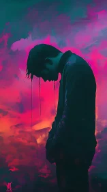 Silhouetted figure stands before saturated neon sky gradient