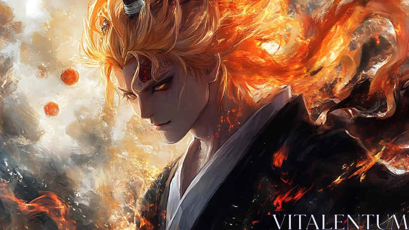 Flame-empowered warrior portrait integrates dynamic fire particle simulation