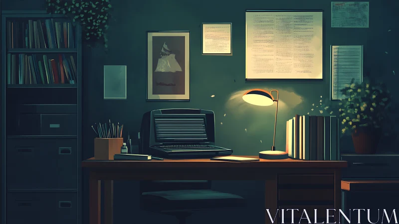 Vintage writer desk glows under focused lamplight.