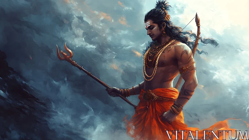 Serene warrior in orange robes walking through stormy clouds.