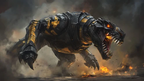 Ironclad Inferno Rex storms through the smoke-veiled ruin.