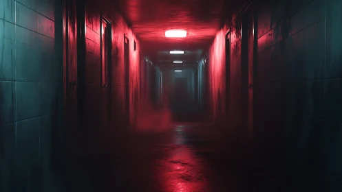 Moody Neon Hallway Wrapped In Mist And Quiet Tension.