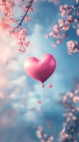 Pink Heart Balloon Rising Among Cherry Blossoms Against Clear Blue Sky.