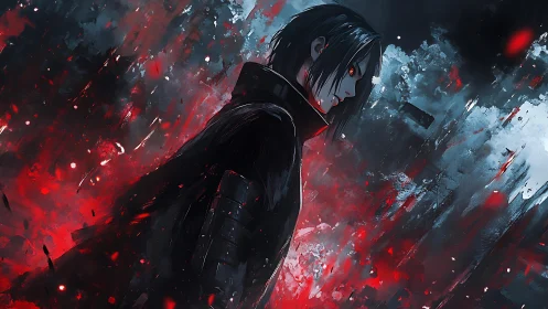 Dark haired anime figure stands in red and blue abstract chaos
