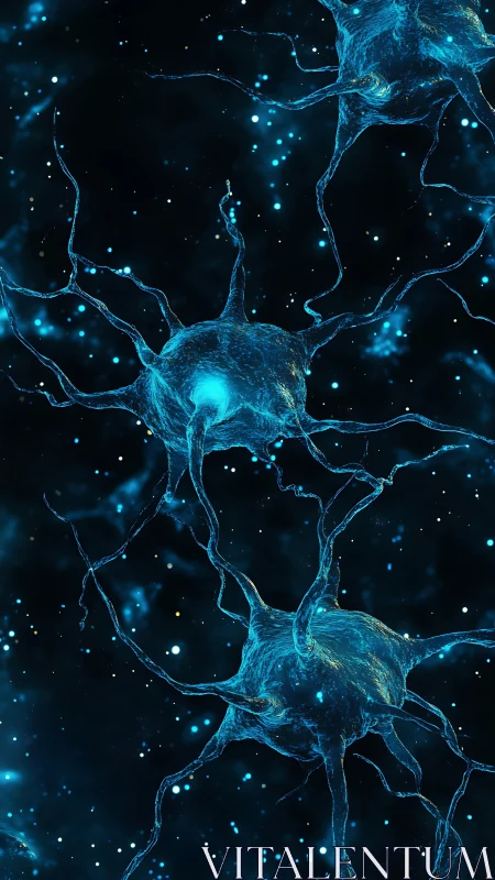 Neural network cells glow within deep cosmic darkness.