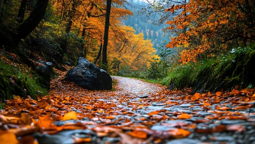 Autumn forest stream with deciduous canopy transition.