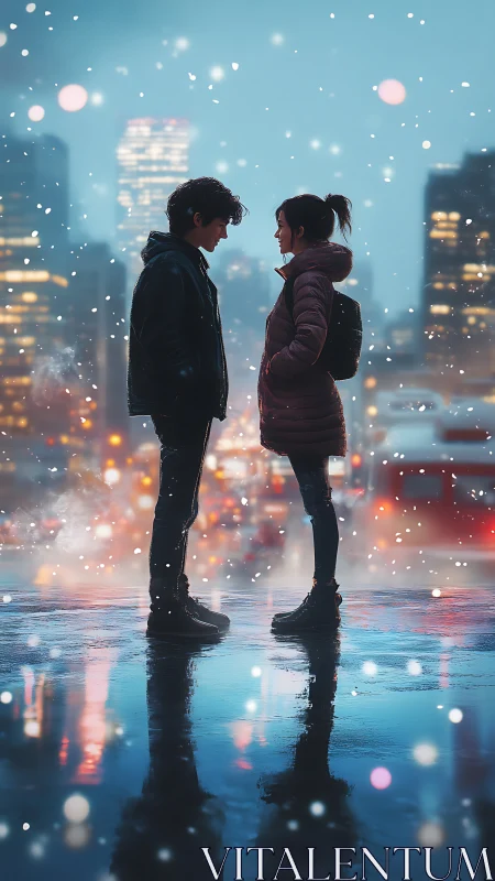 Snowlit city standoff of quiet lovers on mirrored streets.