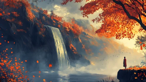 Autumn cloaked waterfall vista in atmospheric digital painting.