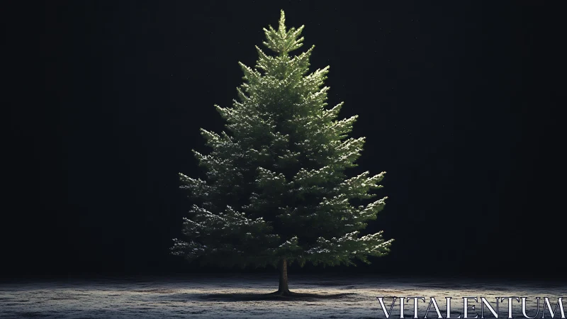Solitary conifer tree stands centered under controlled light