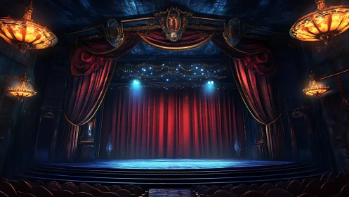 Ornate proscenium stage with closed red curtain and spotlights