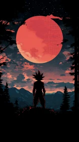 Saiyan silhouette under colossal crimson rising moon.