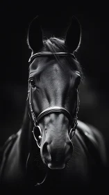 Graceful black horse gazing calmly from the shadows.