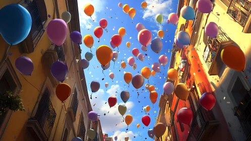 Color-saturated balloons ascend between sunlit facades