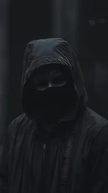 Hooded masked figure stands in low key monochrome lighting