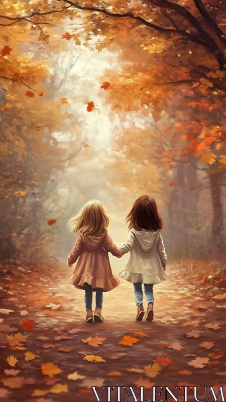 Two children hold hands walking through autumn forest path.