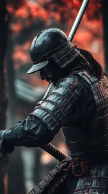 Photoreal samurai in lamellar armor under crimson bokeh canopy.