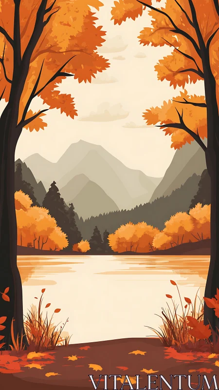 Golden autumn lake view framed by trees and distant hills.