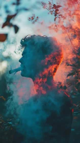 Silhouetted smoker in neon blue and orange misty glow.