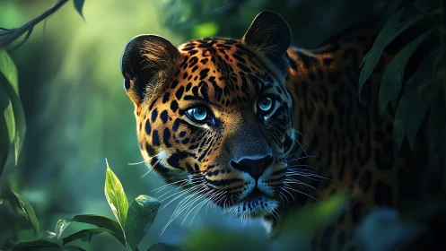 Digitally Rendered Jaguar Portrait with Luminous Ocular Features.