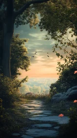 A Serene Forest Path Framed by Ancient Trees at Golden Hour