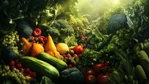Sunlit harvest canyon of vegetables in lush green splendor.