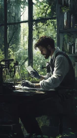 Greenhouse alchemist decoding sunlit leaves at a quiet desk.