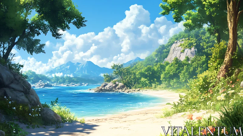 Tropical Coastal Paradise: Mountain-Framed Beach with Luminous Ocean.
