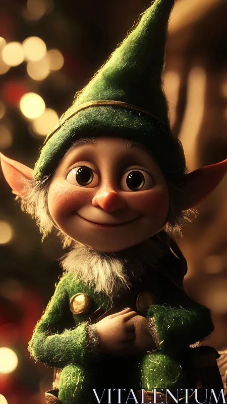 Smiling Christmas elf portrait framed in warm festive lights.