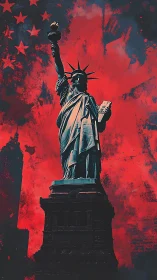 Liberty monument silhouette against distressed crimson skyline