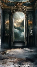 Baroque gateway interior opening toward luminous storm clouds.