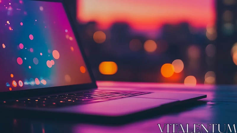 Laptop glow against neon city bokeh at twilight dusk.