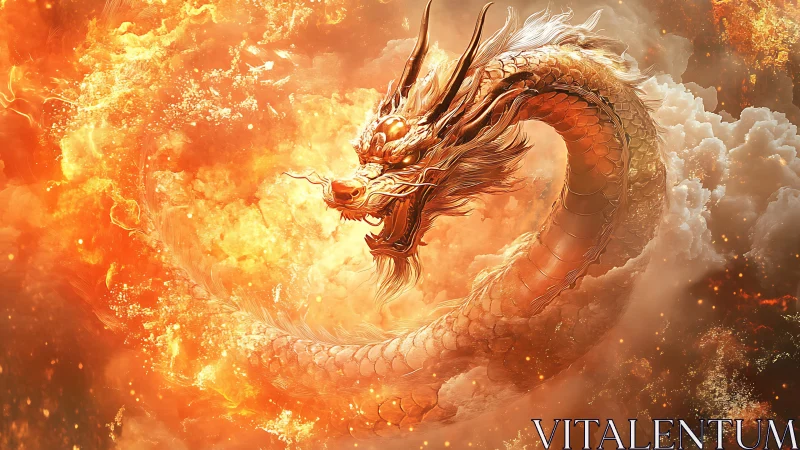 Golden dragon coils through blazing ring of swirling fire