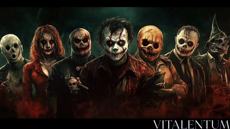 Masked horror figures lined up in dark atmospheric scene.