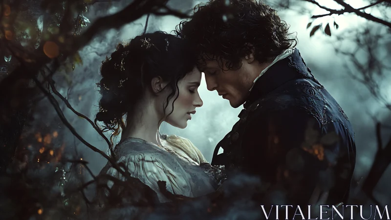 Two figures in historical clothing standing closely together.