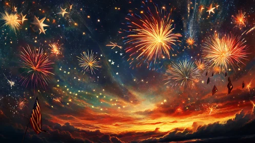 Fireworks sparkling over a glowing sunset sky of celebration.