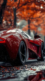 Scarlet supercar gleams through autumn rain on city avenue