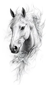 Horse head rendered in detailed monochrome line drawing