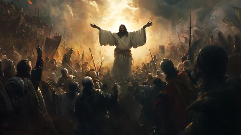 Radiant prophet calms a storm of warriors with raised arms