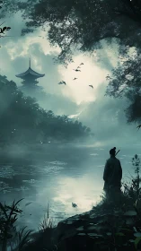 Solitary samurai observes misted lake beneath distant pagoda