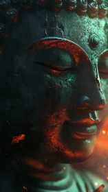 Buddha statue glows in ethereal green and ember light.