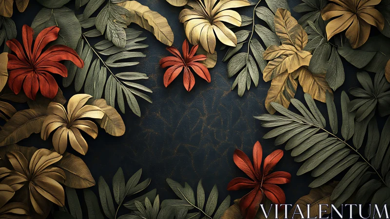 Tropical foliage and flowers forming symmetrical border pattern.