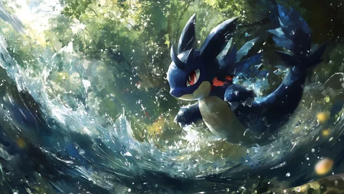 Aquatic dragon creature slicing through forest river surge.