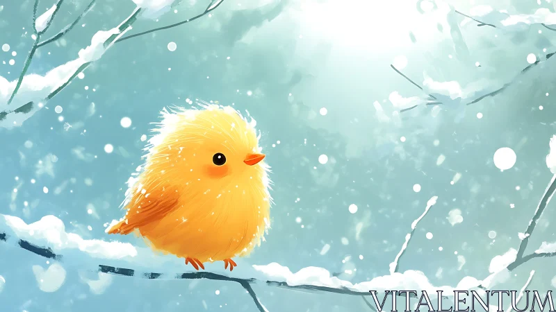 Golden Chick on Snowy Branch: Winter Digital Illustration.
