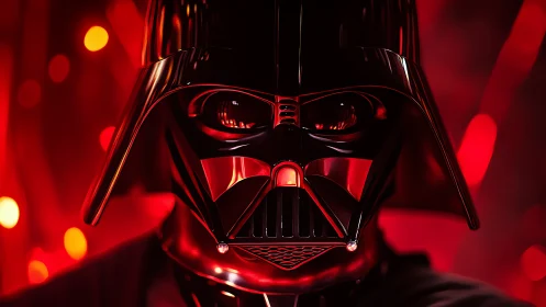 Photorealistic Sith helmet portrait under red bokeh lighting.