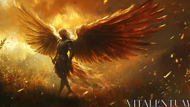 Radiant fire-winged angel strides through a glowing golden storm