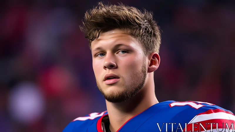 Focused young football player in blue red uniform portrait.