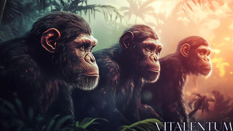 Photorealistic triad of juvenile chimpanzees in rim-lit jungle.